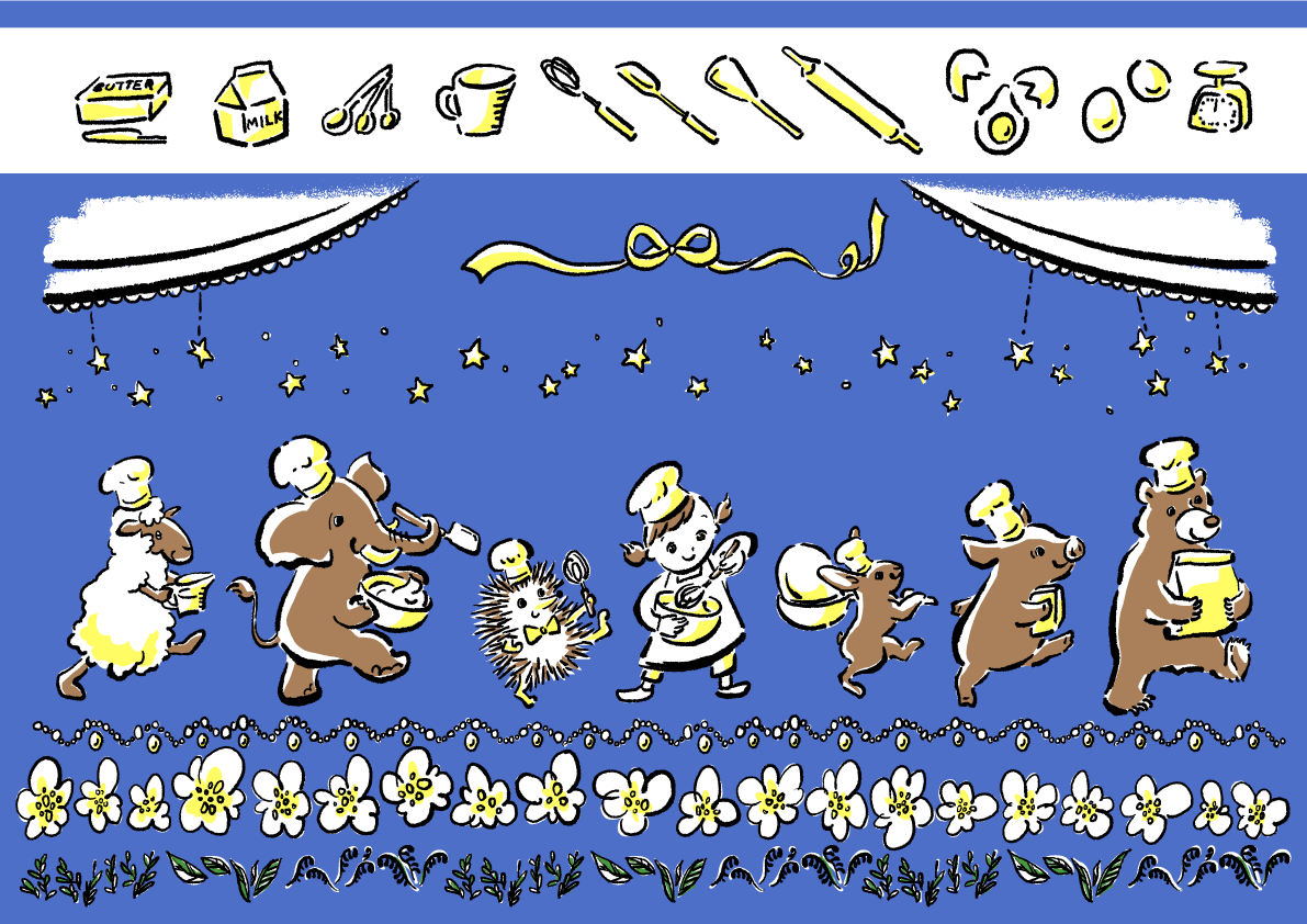 動物とお菓子作りイラスト