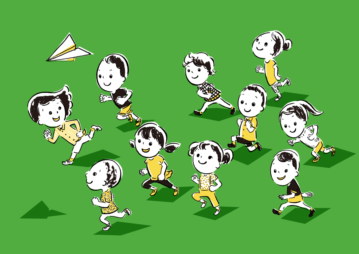紙ひこうきと走るイラスト