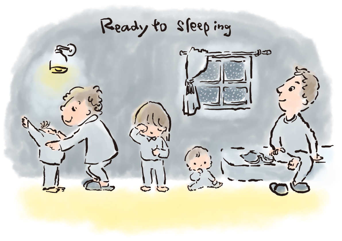 雪の日の寝るしたくイラスト